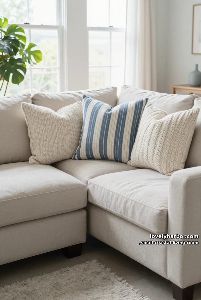 19 Small Coastal Living Room Ideas for Effortless Style 19 small living room with beige sectional, blue and white pillows, and lots of natural light 1