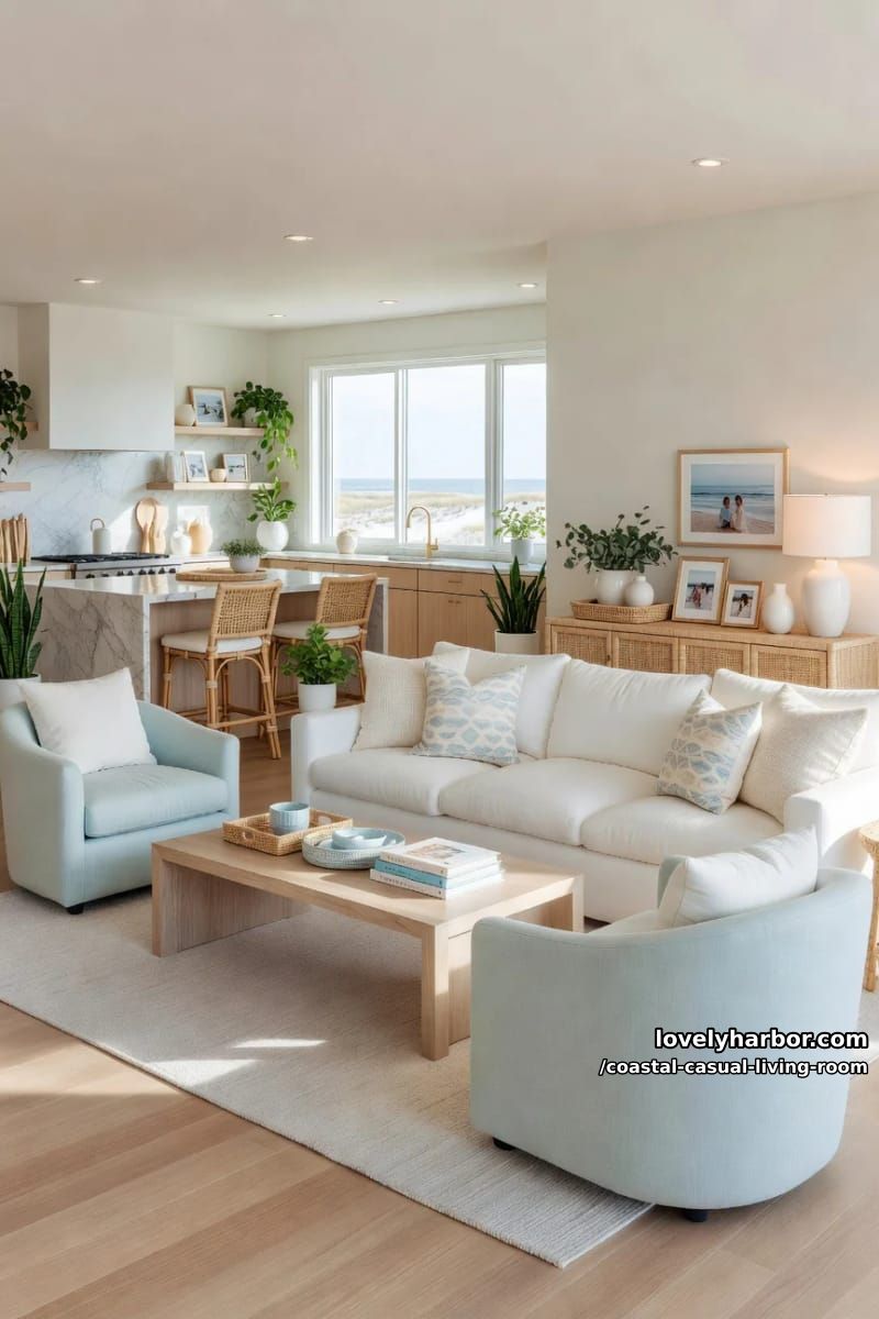 spacious coastal living room with open floor plan and beach-inspired decor. 1