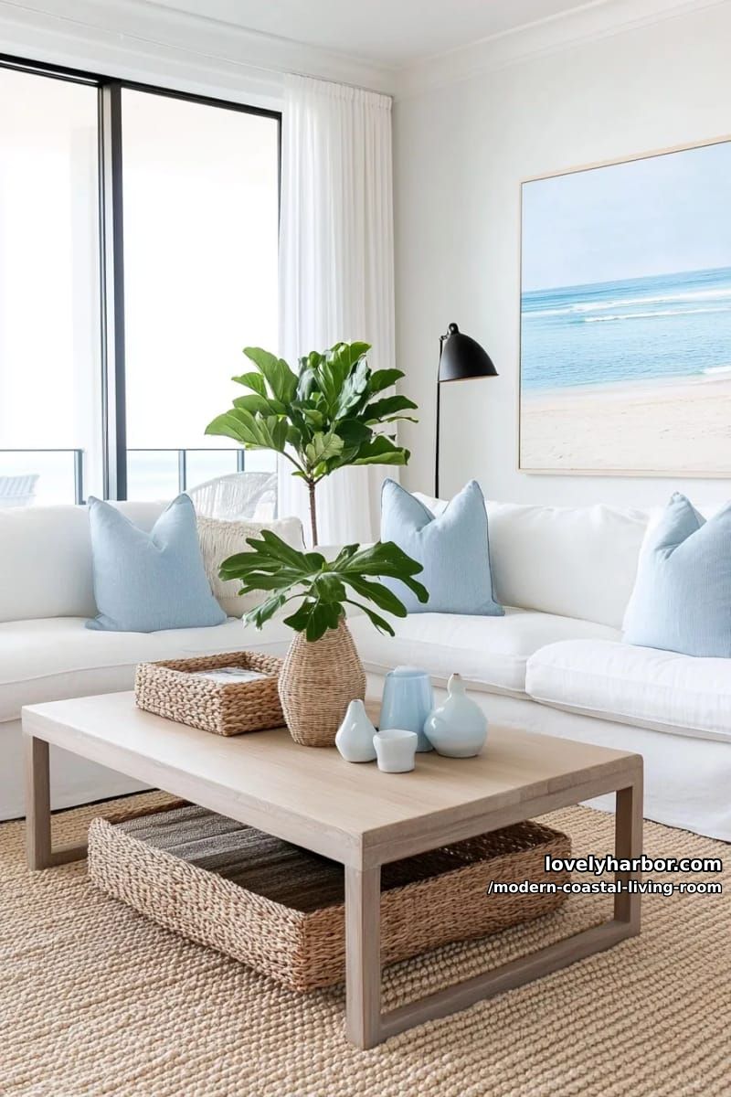 spacious coastal living room with slipcovered sofas and woven baskets. 1
