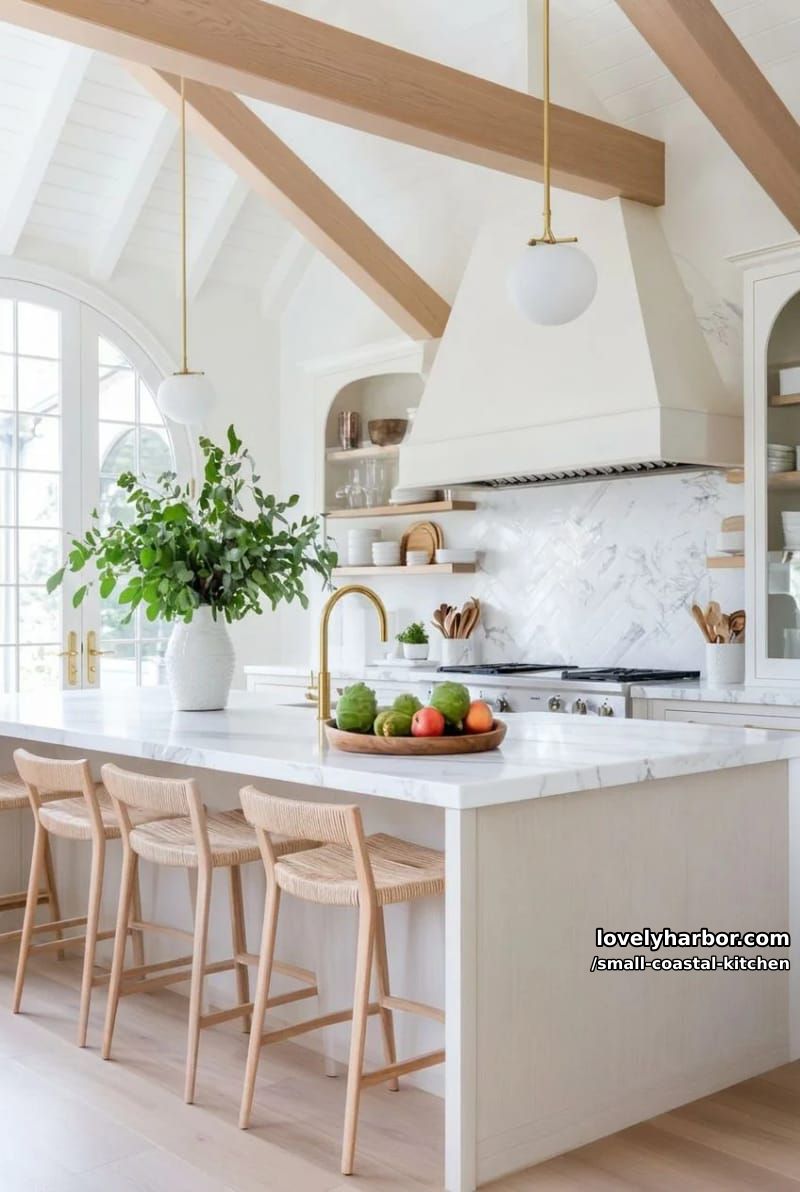 20 Small Coastal Kitchen Ideas for a Fresh, Breezy Look 8 spacious kitchen, vaulted ceiling, marble island, brass fixtures, arched glass door 1