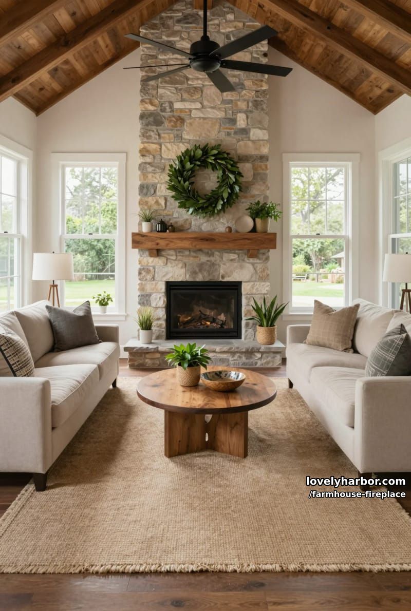spacious living room with floor-to-ceiling stone fireplace and tall windows. 1