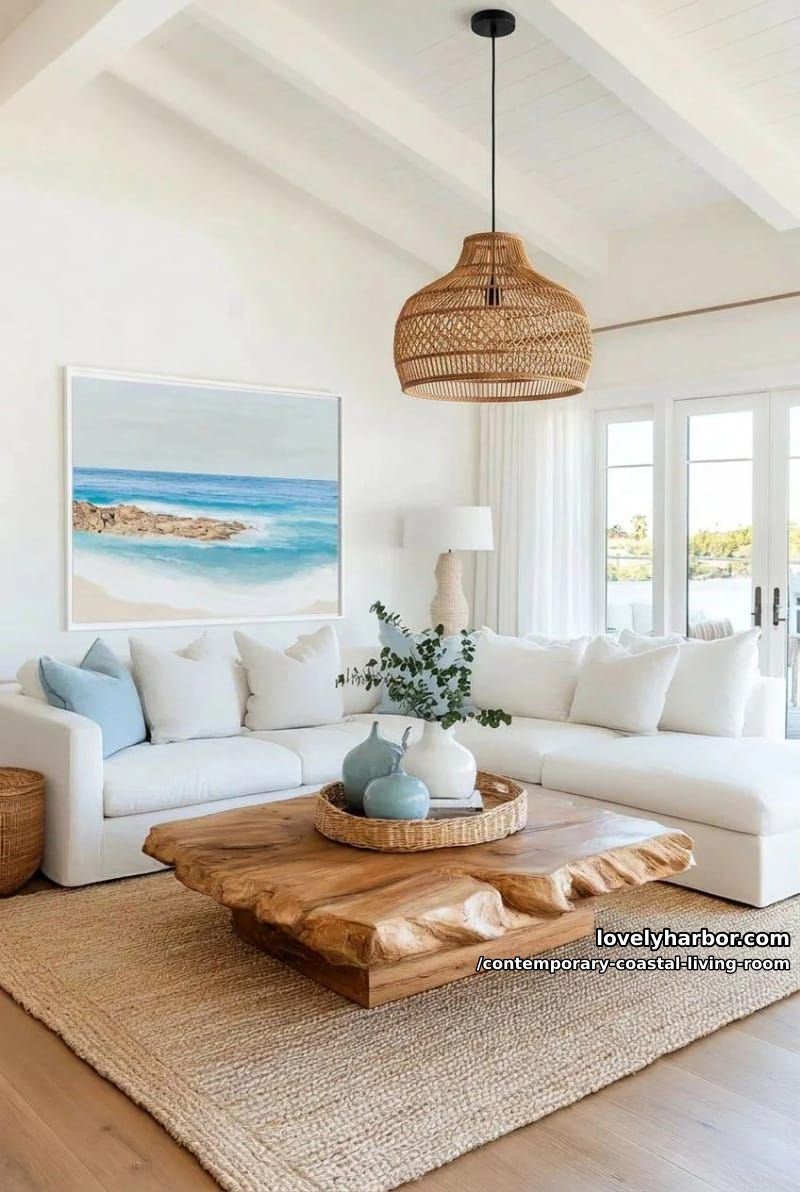 19 Contemporary Coastal Living Rooms With Clean Modern Edge 10 spacious living room with white sectional, rattan pendants, and seascape art. 1
