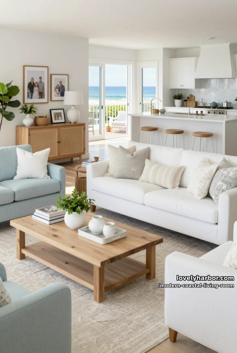 spacious open-plan coastal living room with light wood and soft neutrals. 1