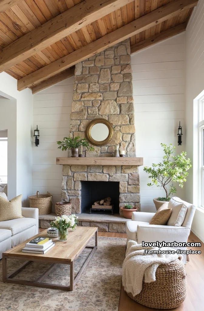 spacious vaulted living room with stone fireplace and round mirror. 1