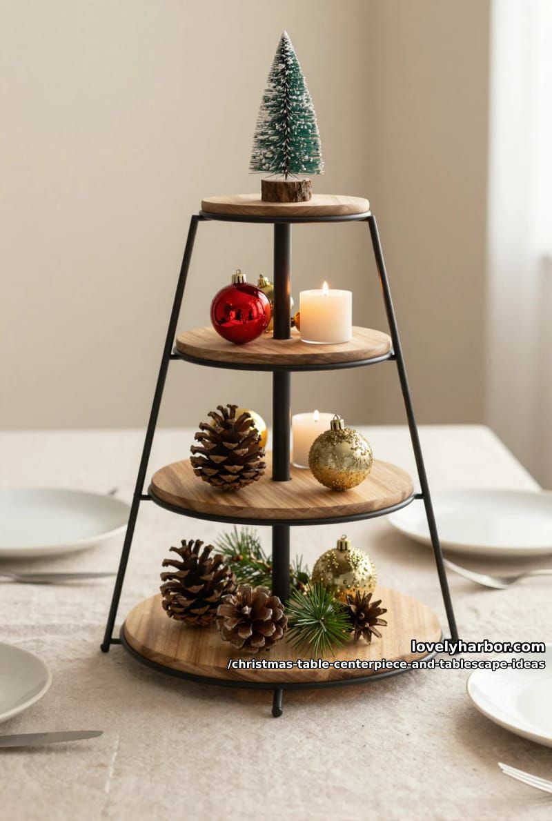 stack a tiered tray with ornaments and pinecones for height without blocking views 1