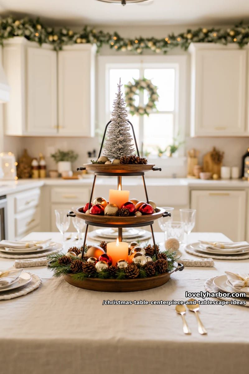 stack a tiered tray with ornaments and pinecones for height without blocking views 1