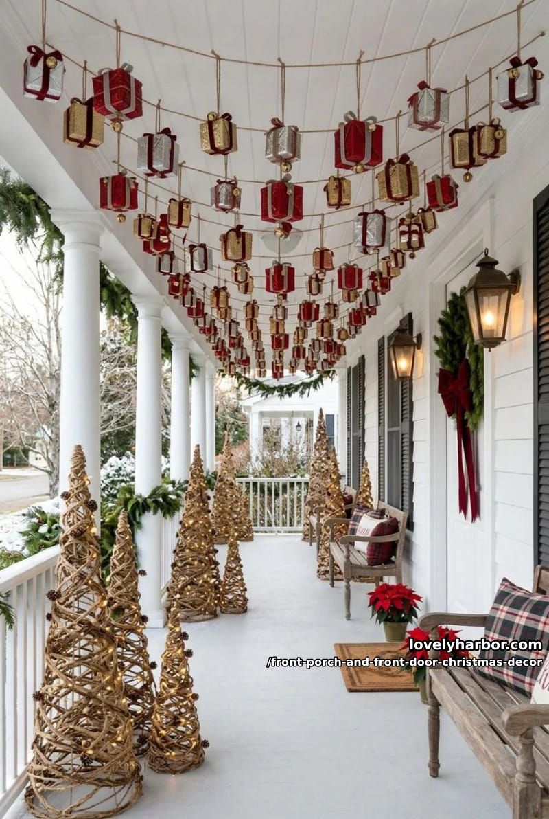 Front Porch and Front Door Christmas Decor: 11 Ideas That Read in Daylight, Not Just at Night 22 stack faux gift boxes on the porch floor, but waterproof them first 21