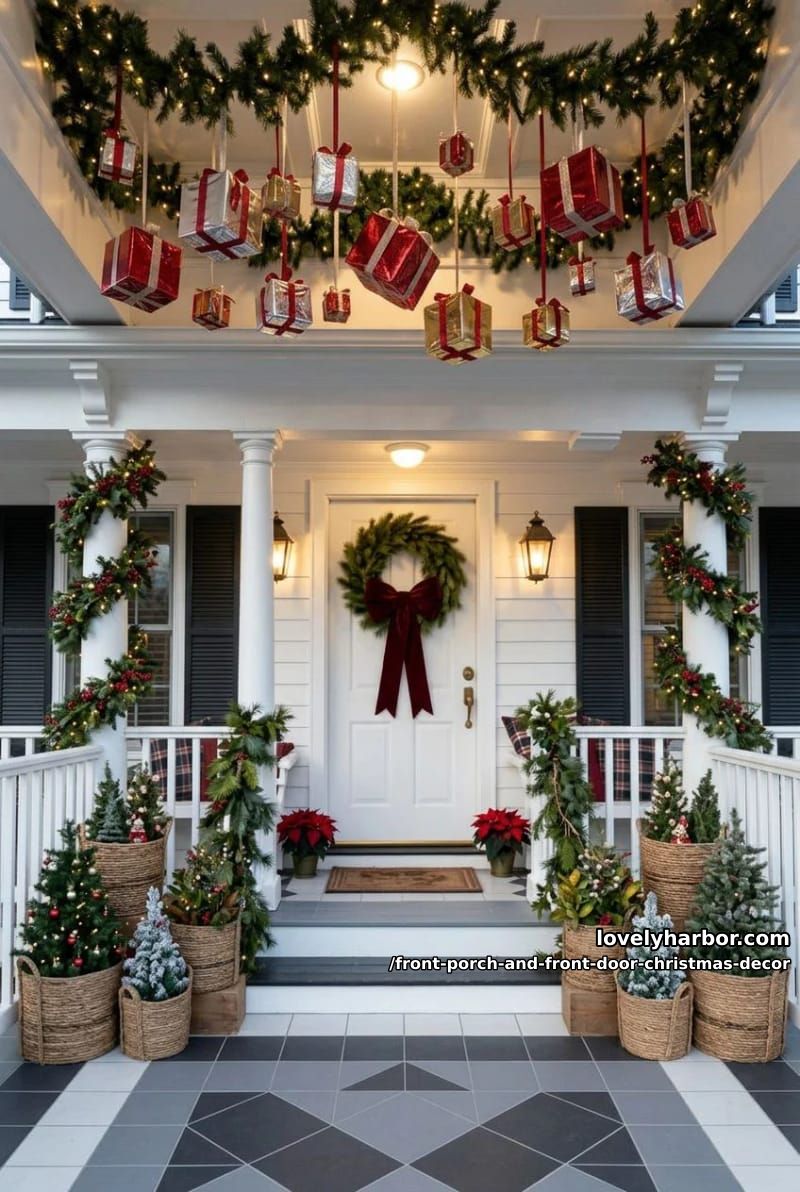 Front Porch and Front Door Christmas Decor: 11 Ideas That Read in Daylight, Not Just at Night 23 stack faux gift boxes on the porch floor, but waterproof them first 22