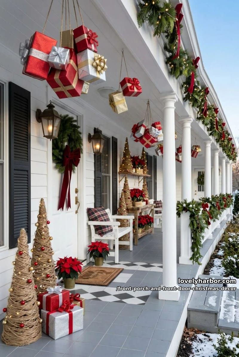 Front Porch and Front Door Christmas Decor: 11 Ideas That Read in Daylight, Not Just at Night 24 stack faux gift boxes on the porch floor, but waterproof them first 23