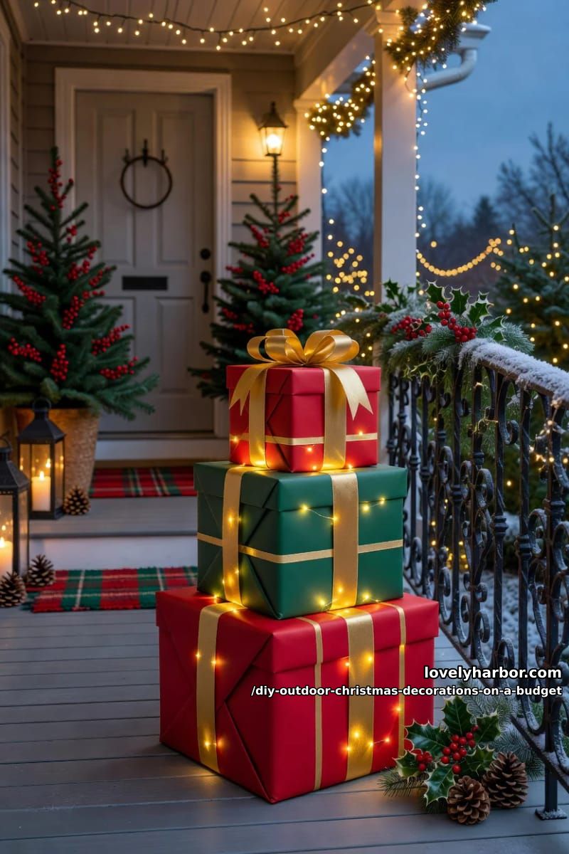 12 DIY Outdoor Christmas Decorations on a Budget That Survive a Real Winter 3 stacked light-up gift boxes for the porch 1
