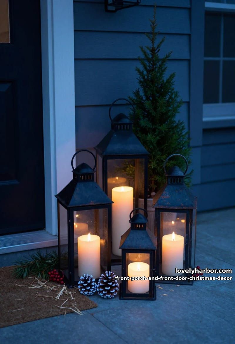 stagger lanterns and pillar candles at the threshold for after-dark depth 1