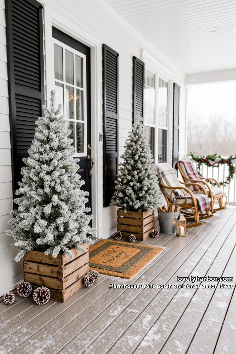 Farmhouse Front Porch Christmas Decor Ideas That Read Warm, Not Staged 13 stand a flocked tree (or two) in a crate by the door 1