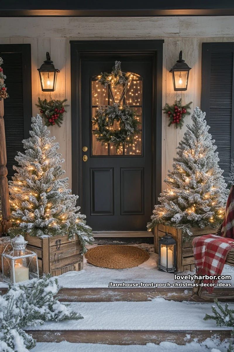 Farmhouse Front Porch Christmas Decor Ideas That Read Warm, Not Staged 14 stand a flocked tree (or two) in a crate by the door 1