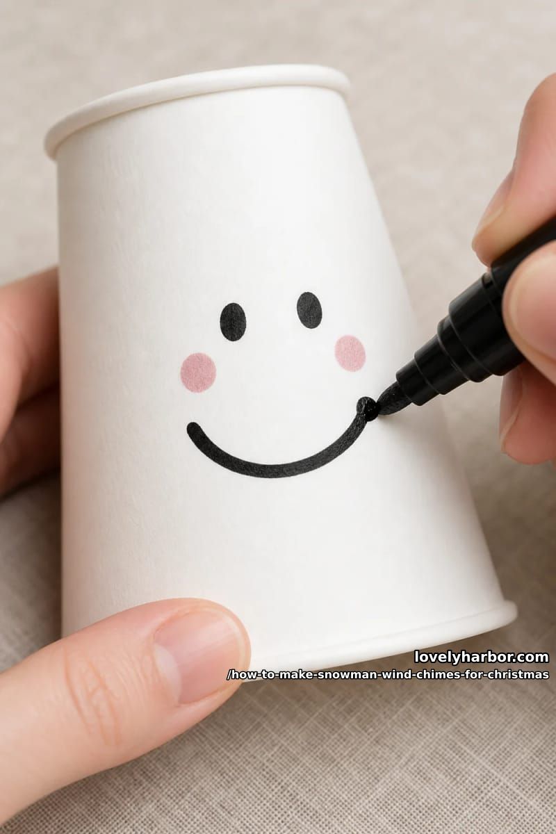 How to Make Snowman Wind Chimes for Christmas (Paper Cups, No Clay Pots Required) 5 step 2: draw the face 1