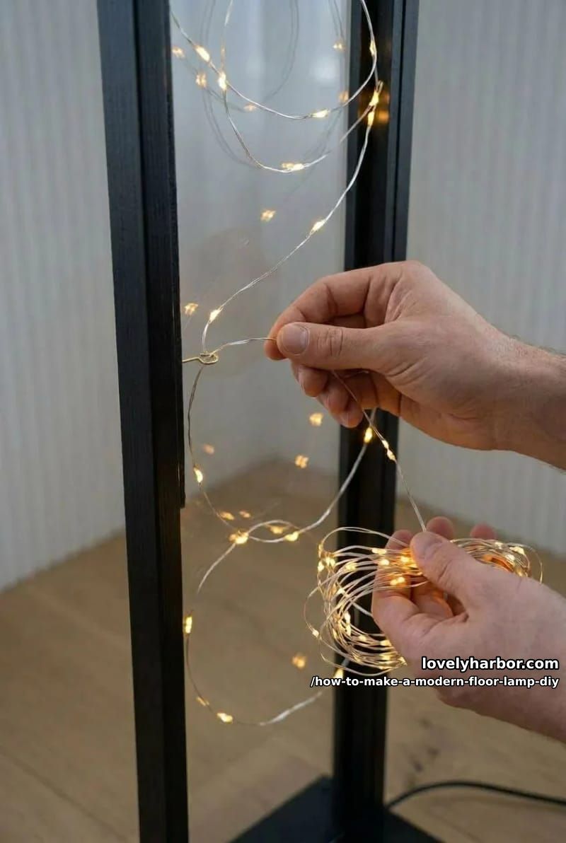How to Make a Modern Floor Lamp From a Wooden Frame and Fairy Lights 5 step 3: add hooks and string the lights 1