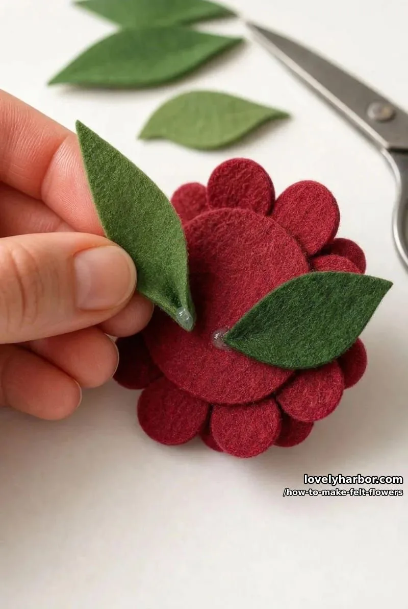 How to Make Felt Flowers (With a Free Printable Petal Template) 9 step 4: cut and attach the leaves 1