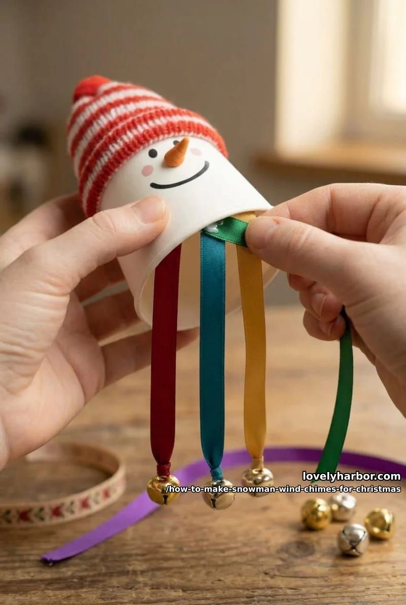 How to Make Snowman Wind Chimes for Christmas (Paper Cups, No Clay Pots Required) 9 step 5: hang the ribbons and bells 1