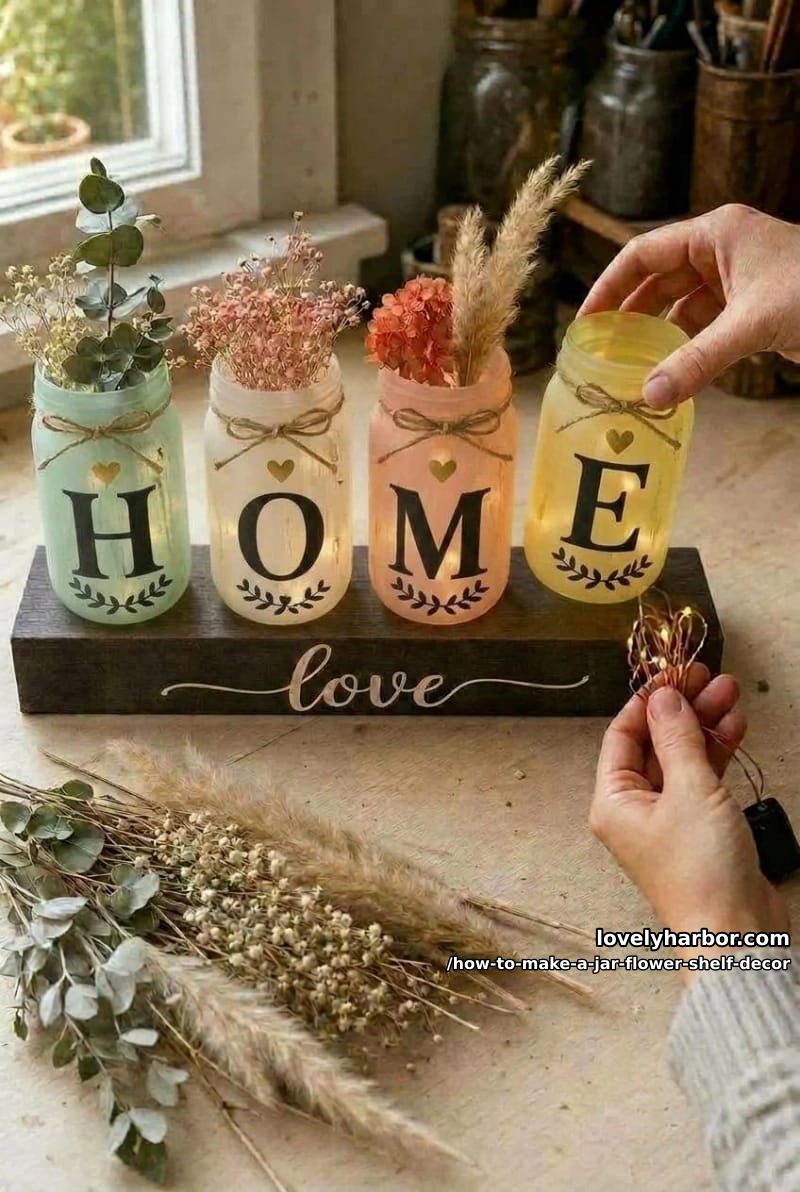 step 5: mount jars, drop in the lights, arrange the dried flowers 1