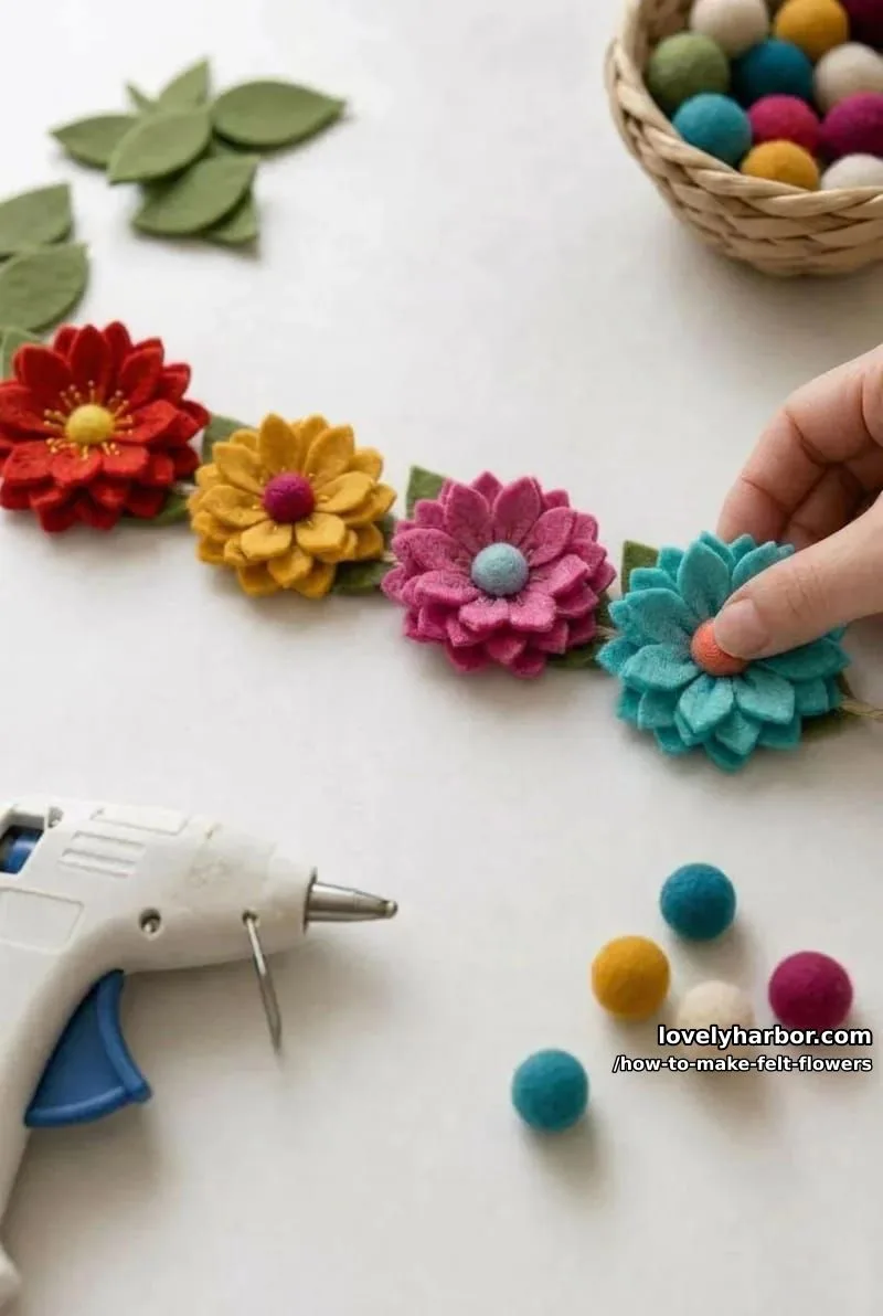 How to Make Felt Flowers (With a Free Printable Petal Template) 10 step 5: string the garland on jute 1