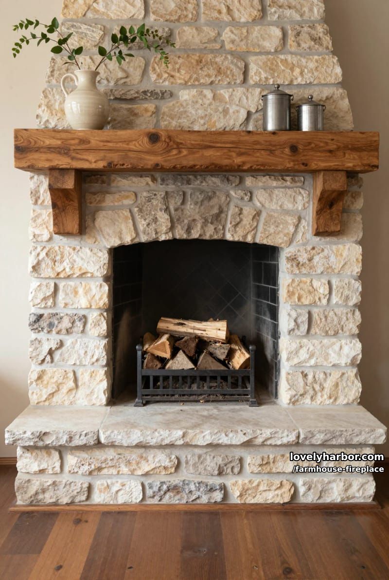 stone and wood fireplace with thick mantel and herringbone tile firebox. 1