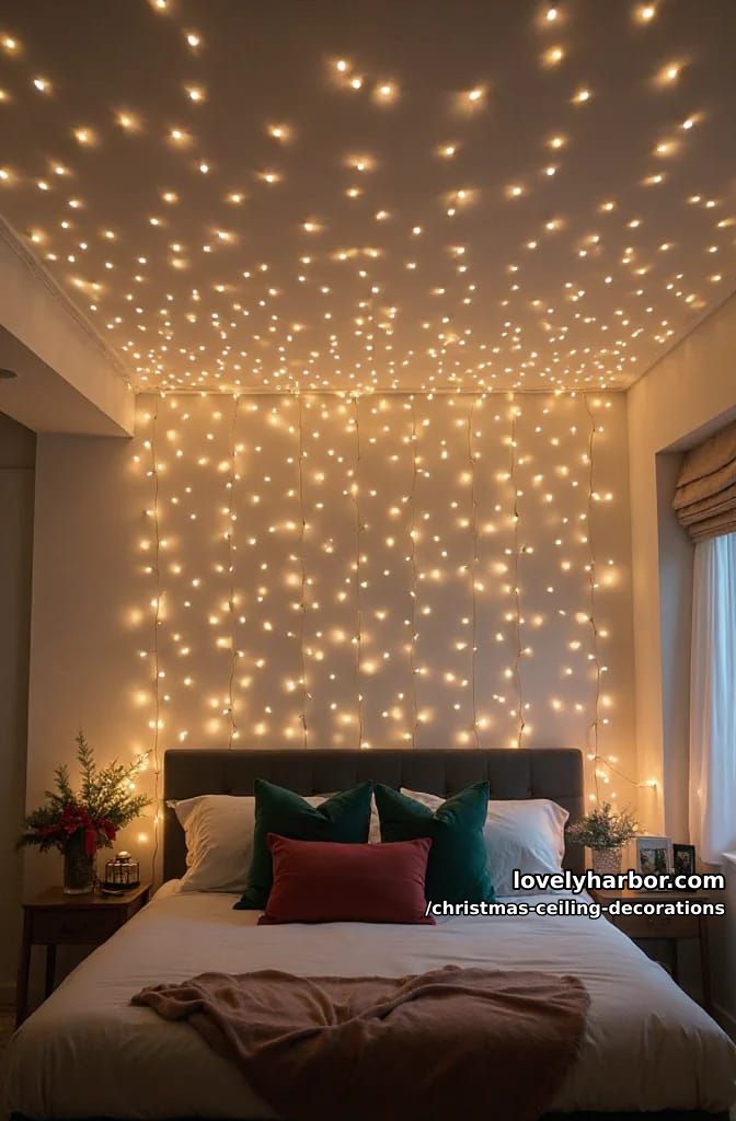 11 Christmas Ceiling Decorations That Put the Overlooked Surface to Work 9 stretch fairy lights flat for a wall-to-wall star field 1