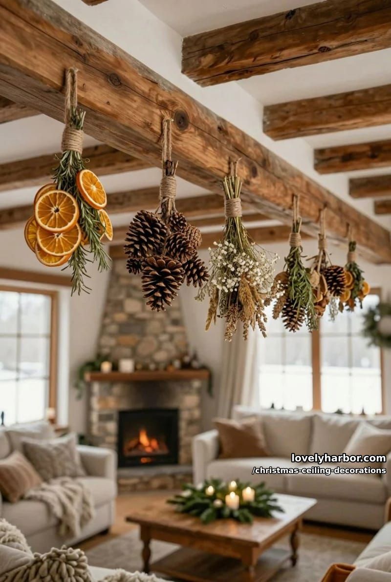 11 Christmas Ceiling Decorations That Put the Overlooked Surface to Work 27 string dried citrus and cinnamon for a scandinavian ceiling garland 26