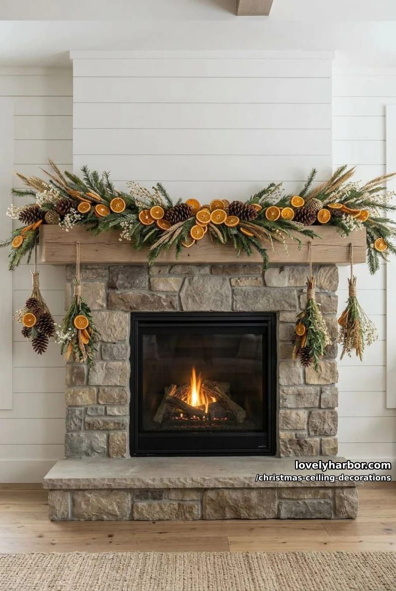 11 Christmas Ceiling Decorations That Put the Overlooked Surface to Work 28 string dried citrus and cinnamon for a scandinavian ceiling garland 27