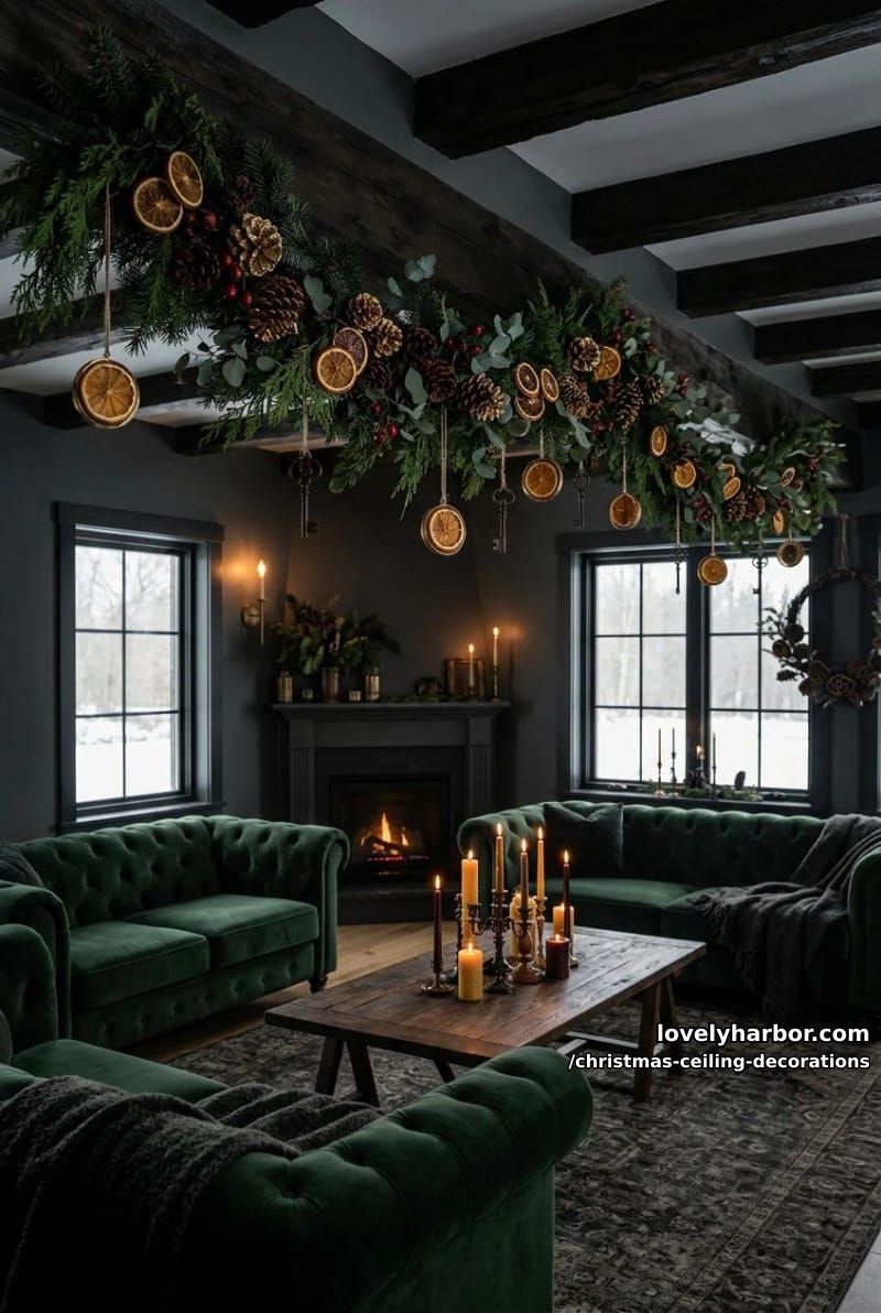 11 Christmas Ceiling Decorations That Put the Overlooked Surface to Work 29 string dried citrus and cinnamon for a scandinavian ceiling garland 28