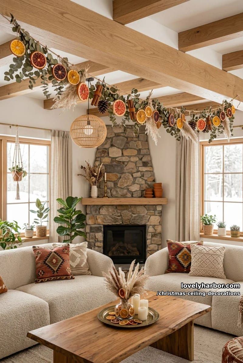 11 Christmas Ceiling Decorations That Put the Overlooked Surface to Work 30 string dried citrus and cinnamon for a scandinavian ceiling garland 29