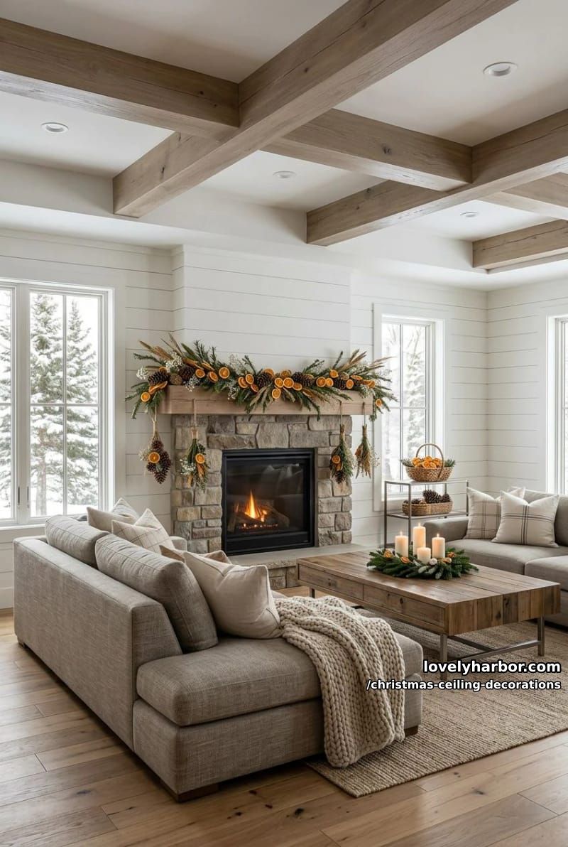 11 Christmas Ceiling Decorations That Put the Overlooked Surface to Work 31 string dried citrus and cinnamon for a scandinavian ceiling garland 30
