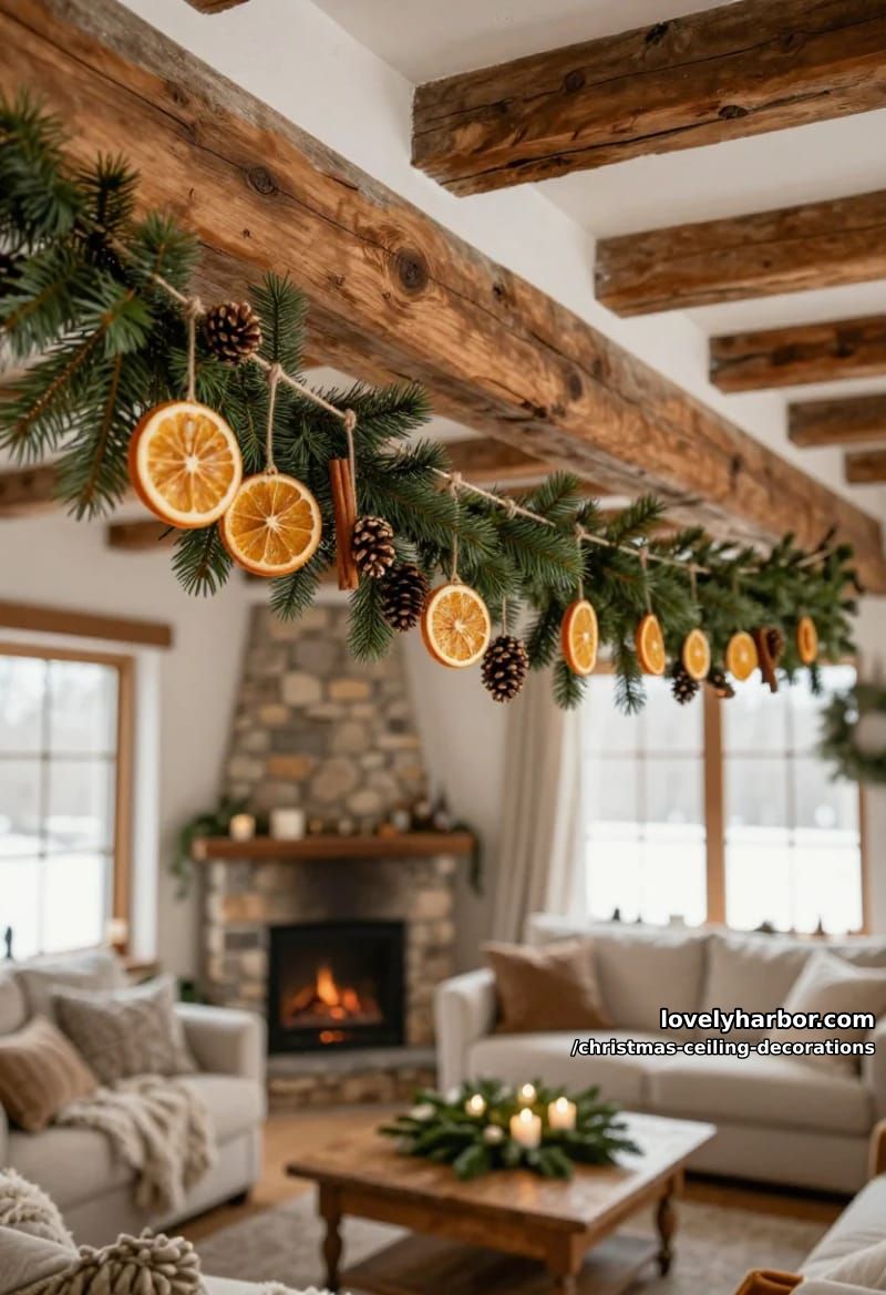 11 Christmas Ceiling Decorations That Put the Overlooked Surface to Work 32 string dried citrus and cinnamon for a scandinavian ceiling garland 31