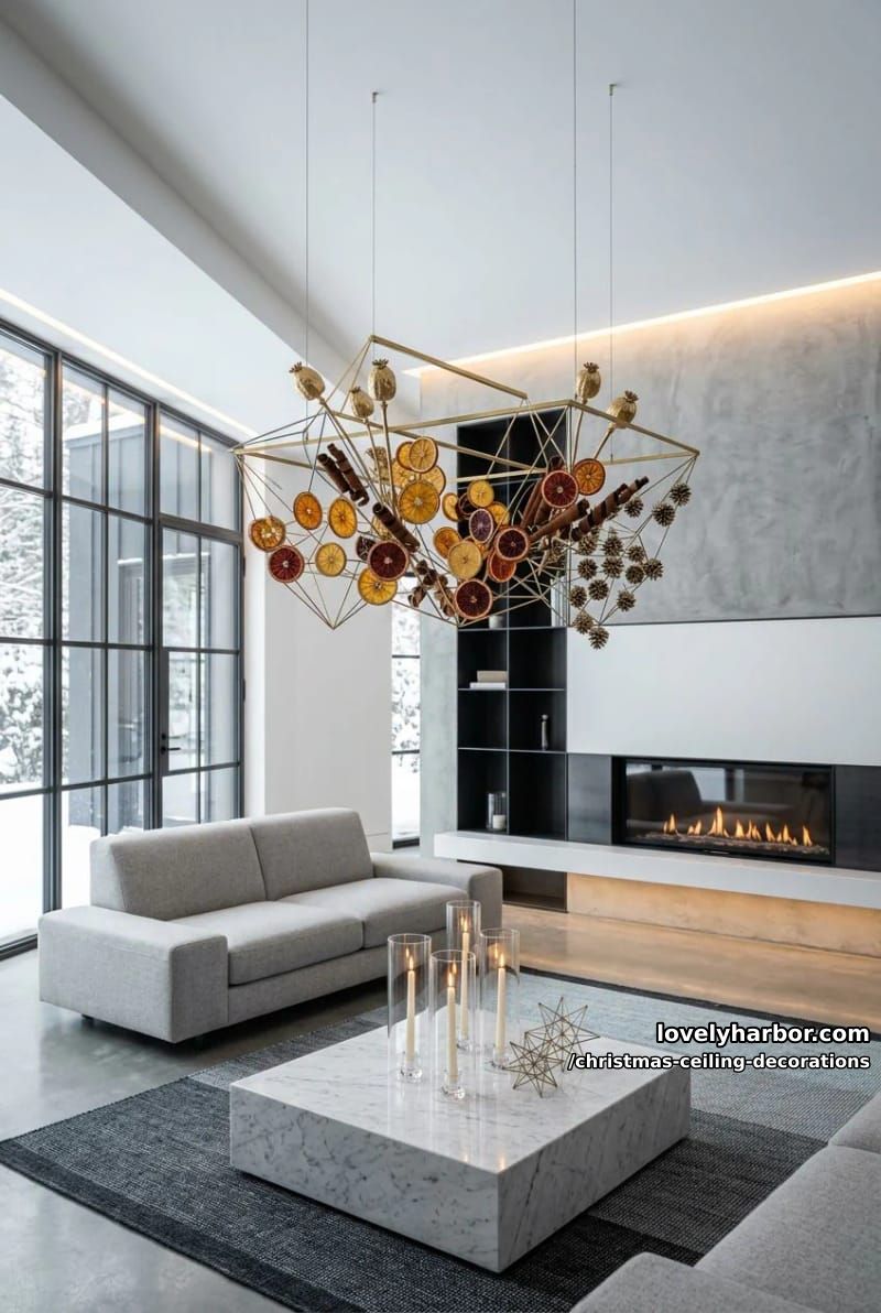 11 Christmas Ceiling Decorations That Put the Overlooked Surface to Work 33 string dried citrus and cinnamon for a scandinavian ceiling garland 32
