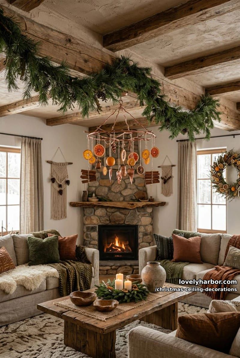 11 Christmas Ceiling Decorations That Put the Overlooked Surface to Work 34 string dried citrus and cinnamon for a scandinavian ceiling garland 33