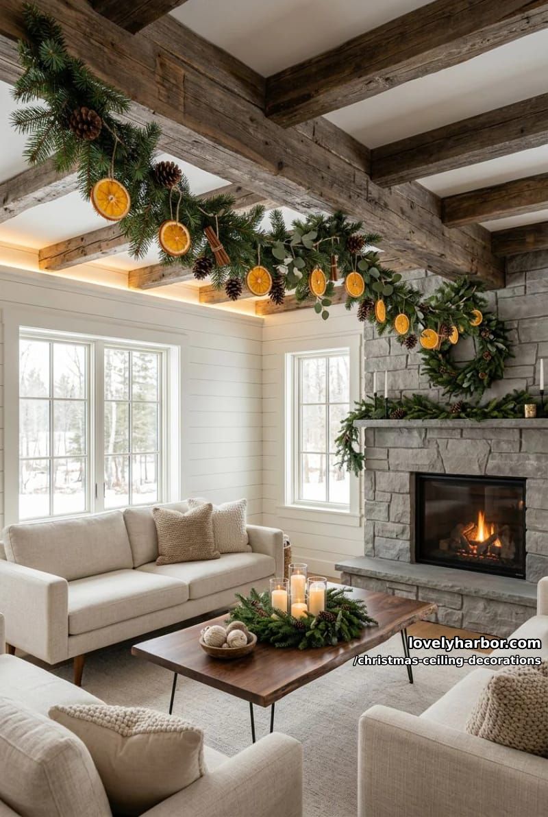 11 Christmas Ceiling Decorations That Put the Overlooked Surface to Work 35 string dried citrus and cinnamon for a scandinavian ceiling garland 34