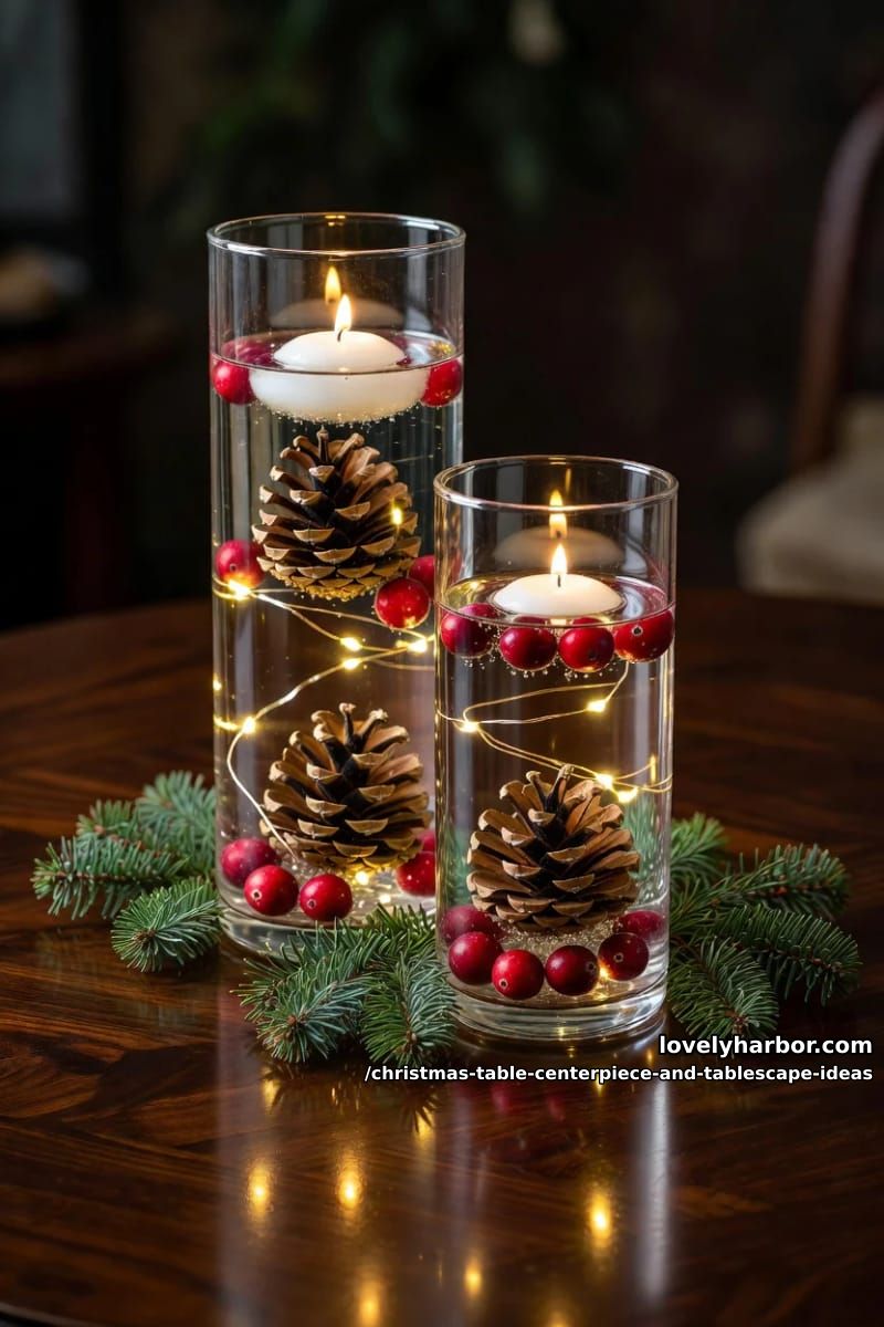 submerge pinecones and cranberries in fairy-lit cylinder vases 1