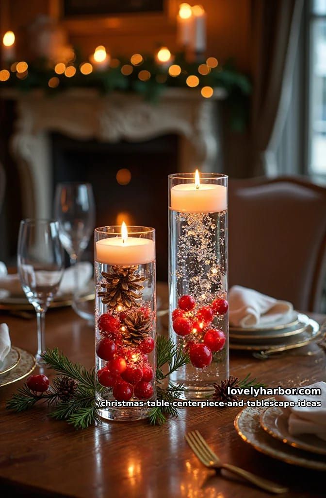 submerge pinecones and cranberries in fairy-lit cylinder vases 1