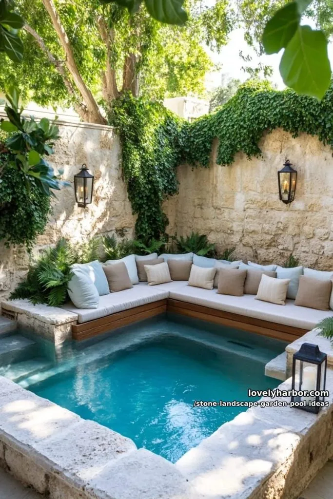 sunken lounge area within the pool, surrounded by smooth river stones 7