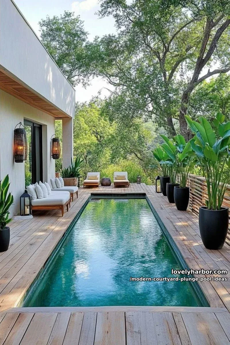 sunken plunge pool surrounded by modern wooden decking and sculptural potted plants 1