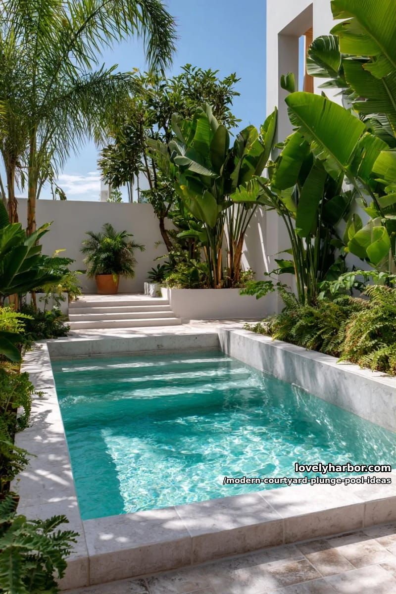 sunken plunge pool with submerged steps, surrounded by tropical courtyard plants 1