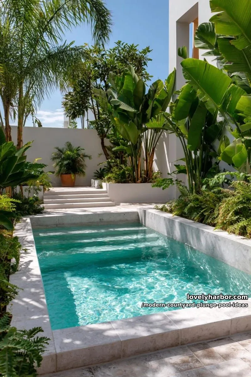 sunken plunge pool with submerged steps, surrounded by tropical courtyard plants 1