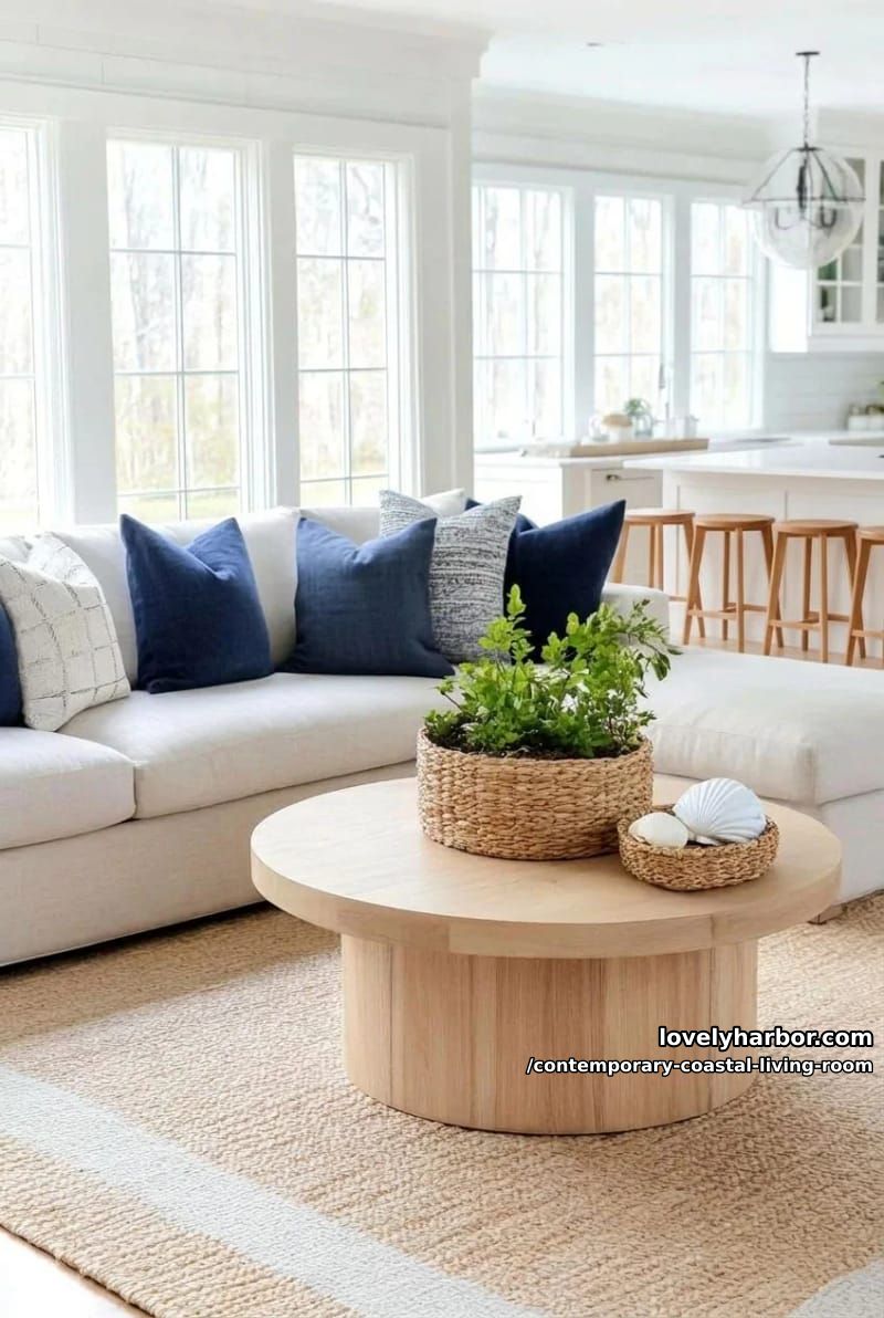 19 Contemporary Coastal Living Rooms With Clean Modern Edge 12 sunlit living room with beige sectional, blue pillows, wood table, and open kitchen. 1