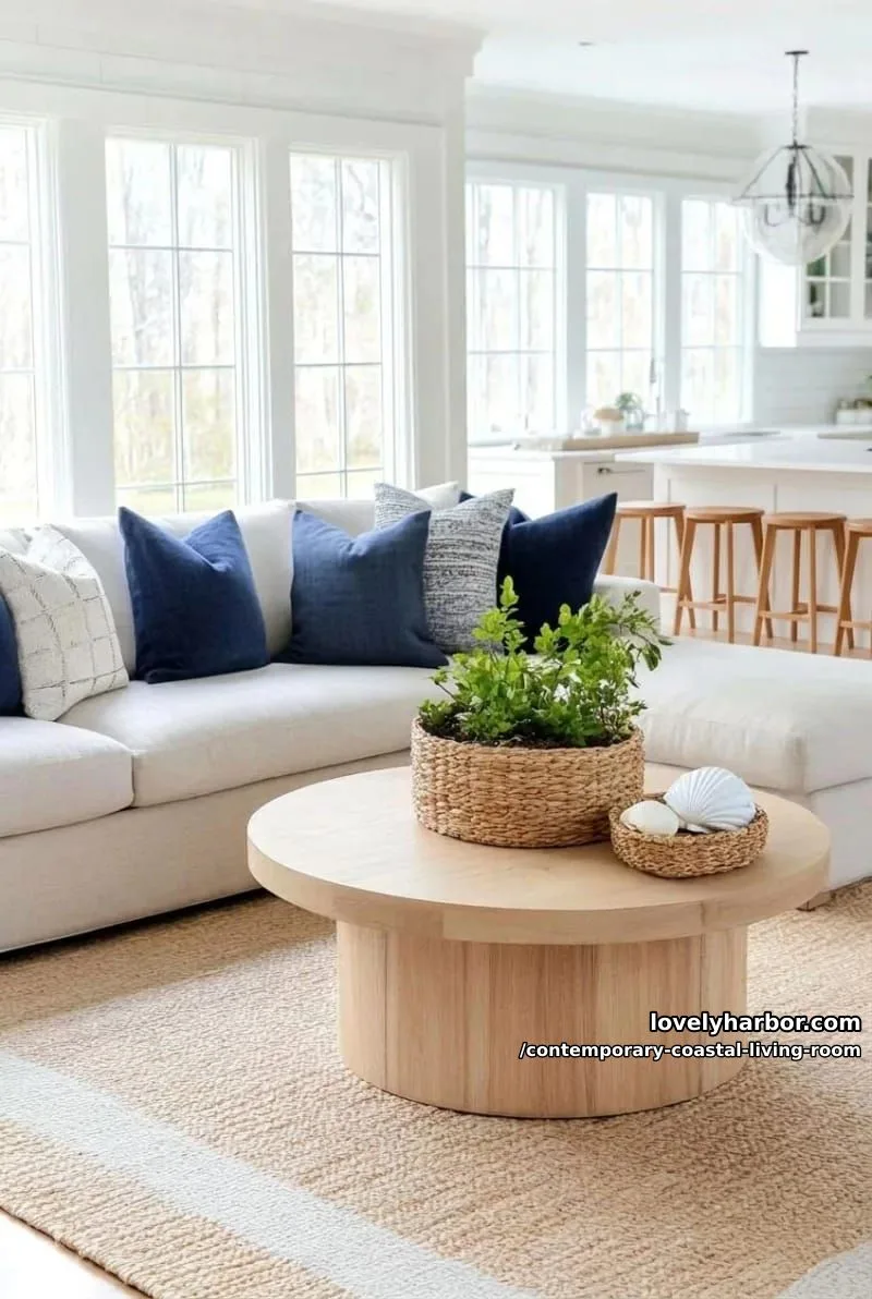 sunlit living room with beige sectional, blue pillows, wood table, and open kitchen. 1