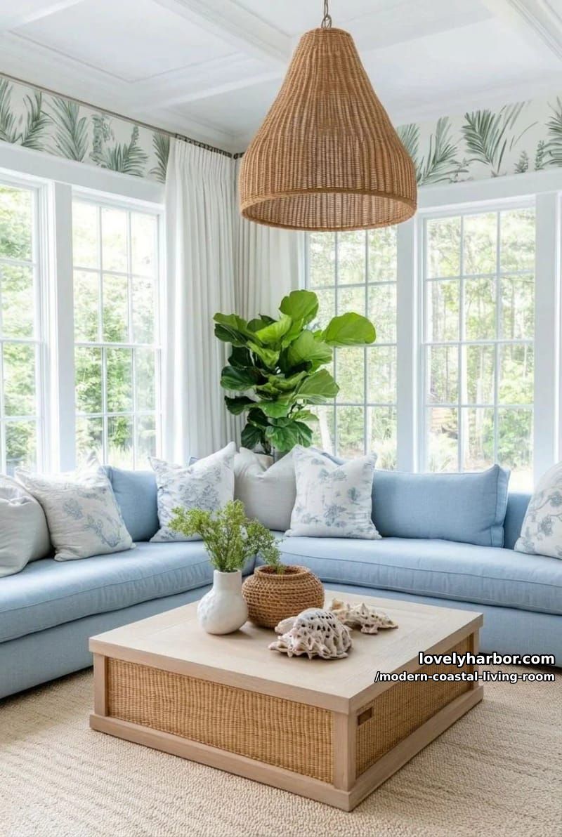 sunlit living room with blue sectional, leather ottoman, and botanical wallpaper. 1