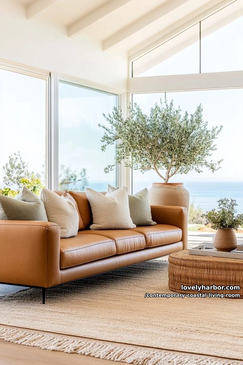 19 Contemporary Coastal Living Rooms With Clean Modern Edge 14 sunlit living room with ocean view, tan leather sofa, jute rug, and olive trees. 1