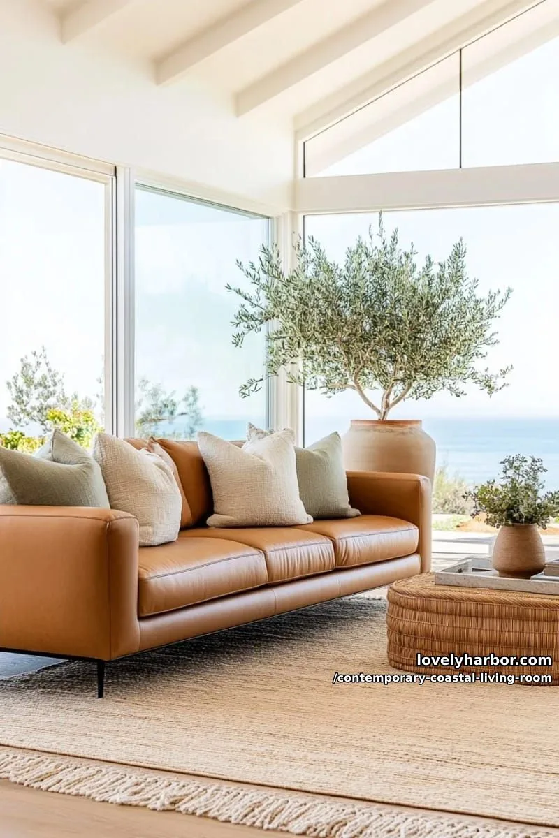 sunlit living room with ocean view, tan leather sofa, jute rug, and olive trees. 1