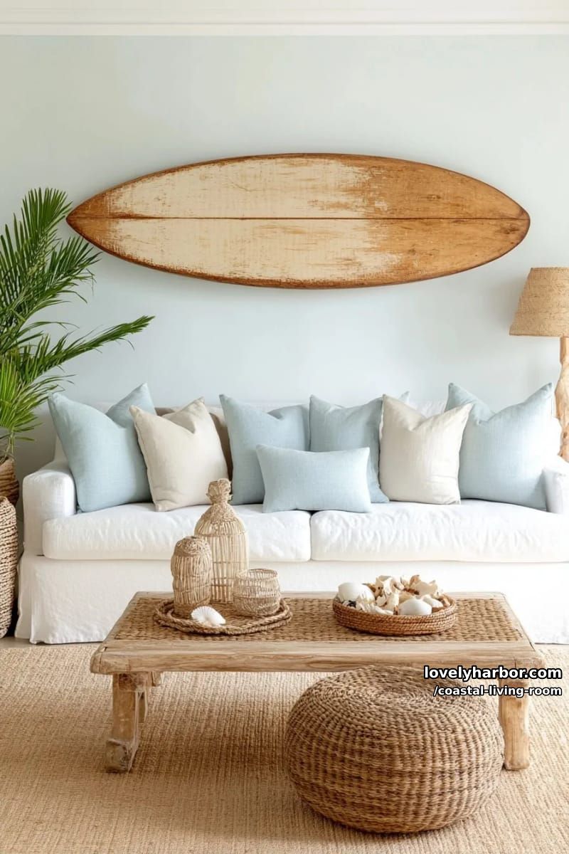 surfboard wall art, white sofa, and woven textures in coastal-inspired living room. 1