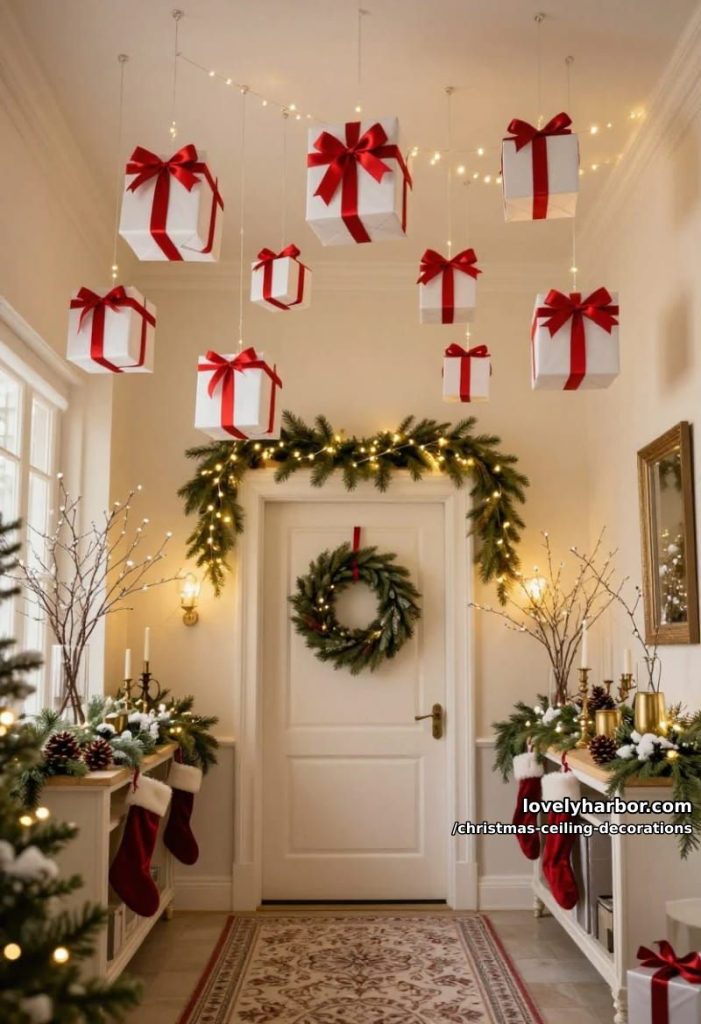 suspend wrapped boxes for floating presents above the entry 38