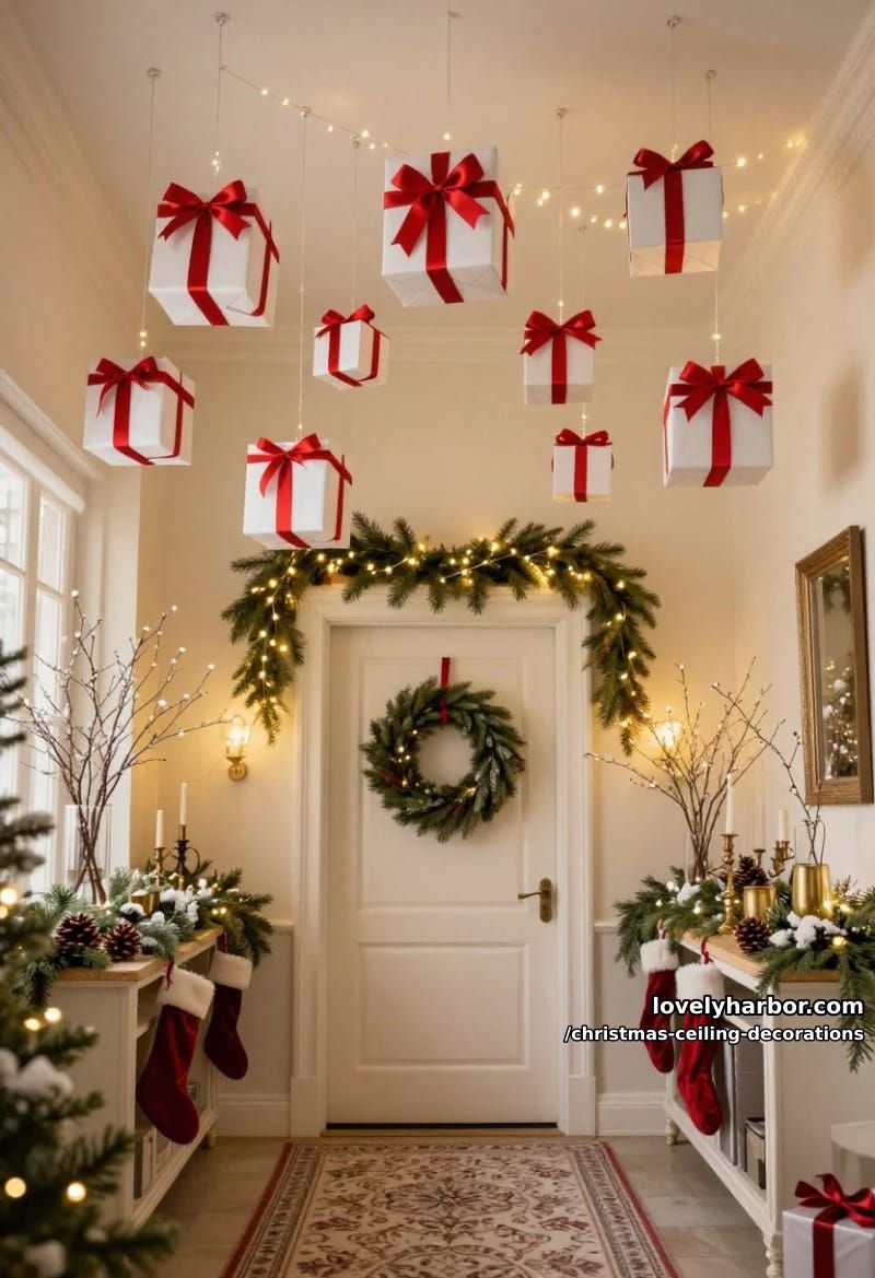 11 Christmas Ceiling Decorations That Put the Overlooked Surface to Work 39 suspend wrapped boxes for floating presents above the entry 1
