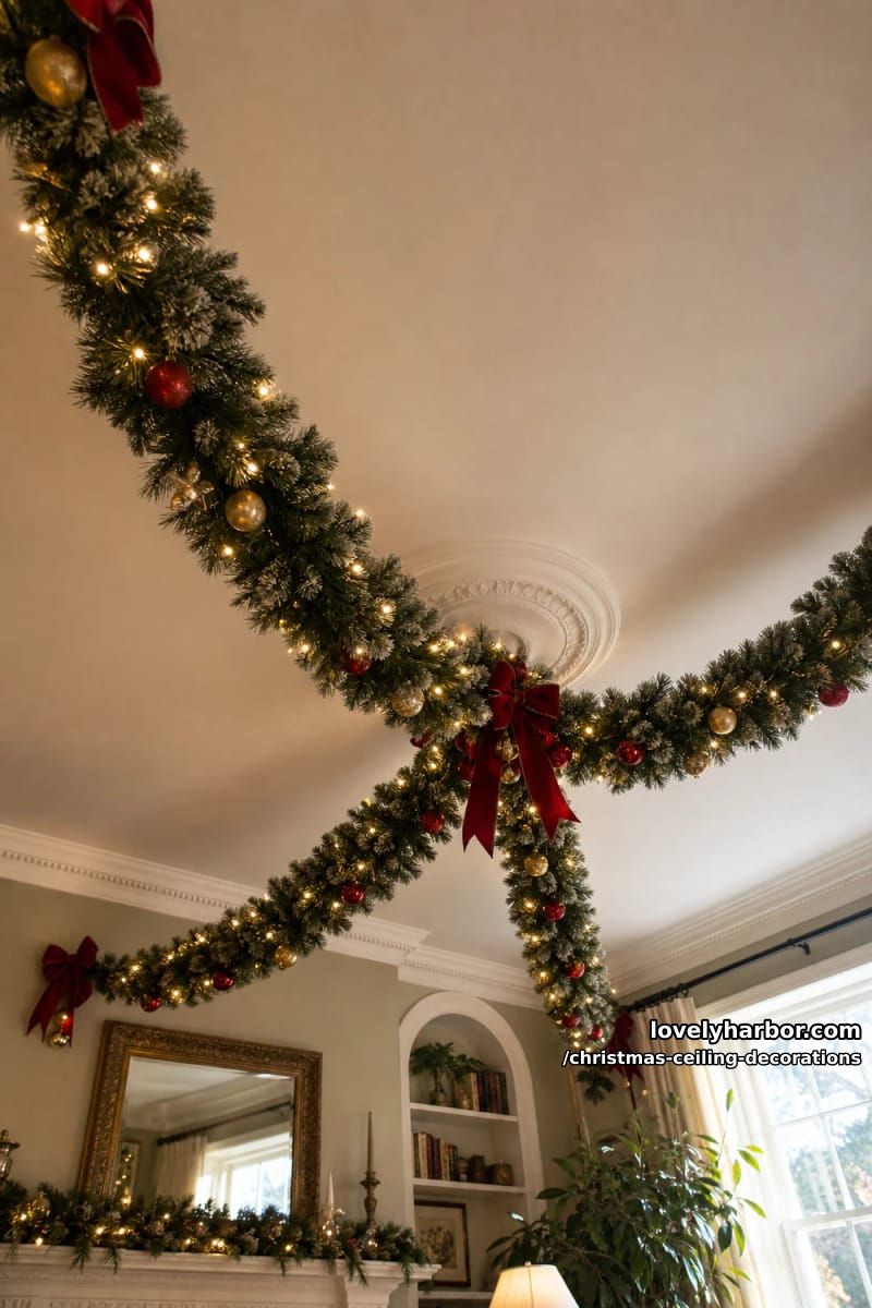 11 Christmas Ceiling Decorations That Put the Overlooked Surface to Work 5 swag garland corner to corner for a diagonal ceiling canopy 1
