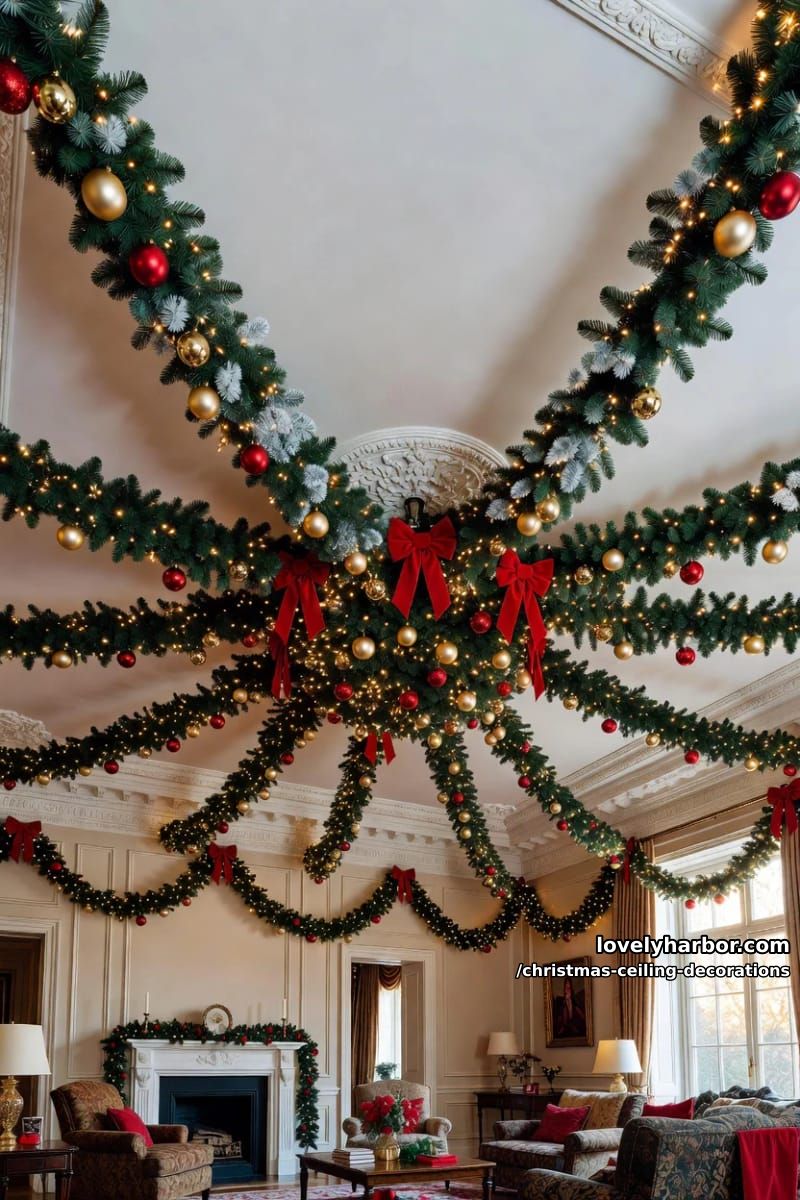 11 Christmas Ceiling Decorations That Put the Overlooked Surface to Work 6 swag garland corner to corner for a diagonal ceiling canopy 1